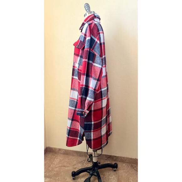 Red Plaid Flannel Women's Shirt Dress Shacket Size M/L Oversized Jacket - Picture 4 of 7
